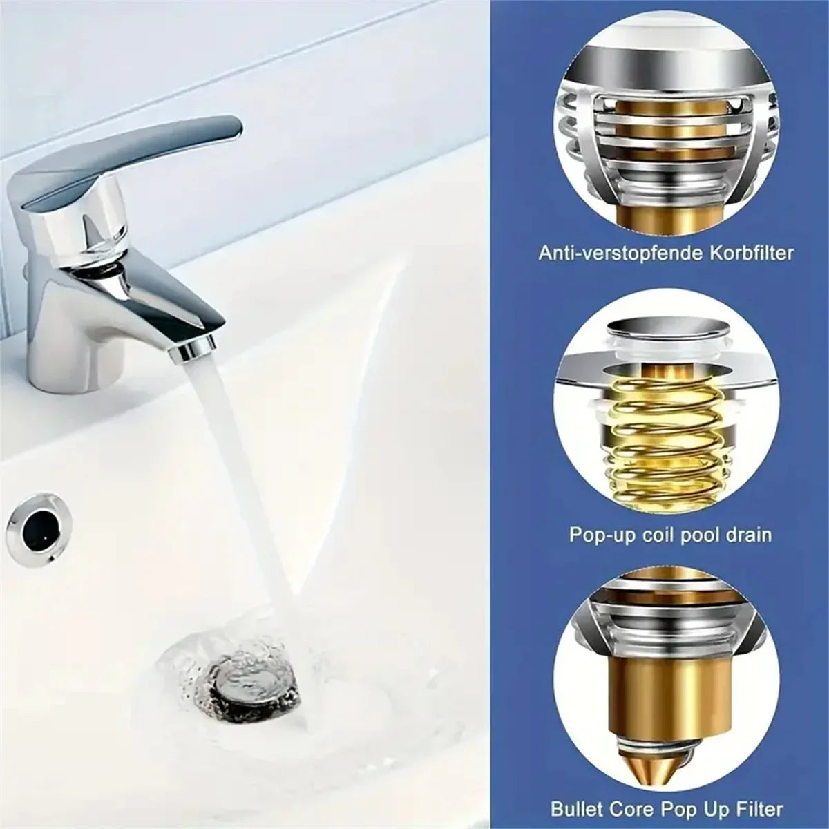 Universal Rebound Drain Plug Filter Basin Pop-up Chrome Sink Filter with Hair Catcher Bathroom Sink Drain Stopper Easy Push Type