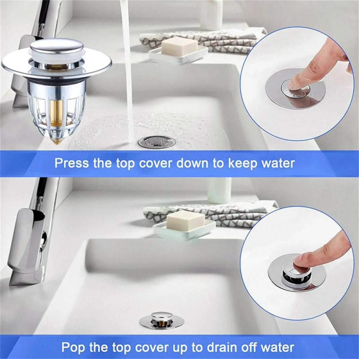 Universal Rebound Drain Plug Filter Basin Pop-up Chrome Sink Filter with Hair Catcher Bathroom Sink Drain Stopper Easy Push Type