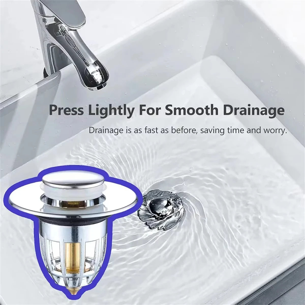 Universal Rebound Drain Plug Filter Basin Pop-up Chrome Sink Filter with Hair Catcher Bathroom Sink Drain Stopper Easy Push Type