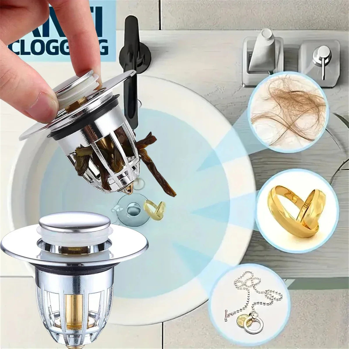 Universal Rebound Drain Plug Filter Basin Pop-up Chrome Sink Filter with Hair Catcher Bathroom Sink Drain Stopper Easy Push Type