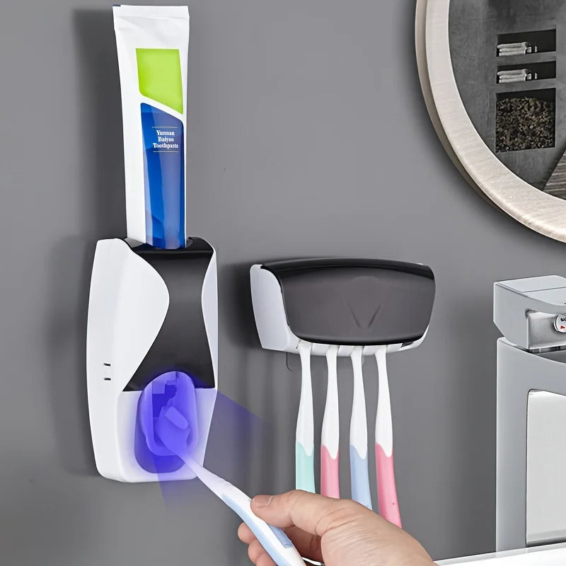 Wall-Mounted Toothbrush & Toothpaste Holder Set With Automatic Dispenser And Cup