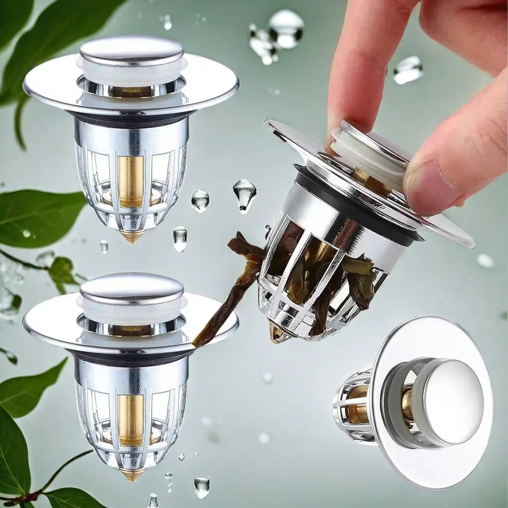 Universal Rebound Drain Plug Filter Basin Pop-up Chrome Sink Filter with Hair Catcher Bathroom Sink Drain Stopper Easy Push Type