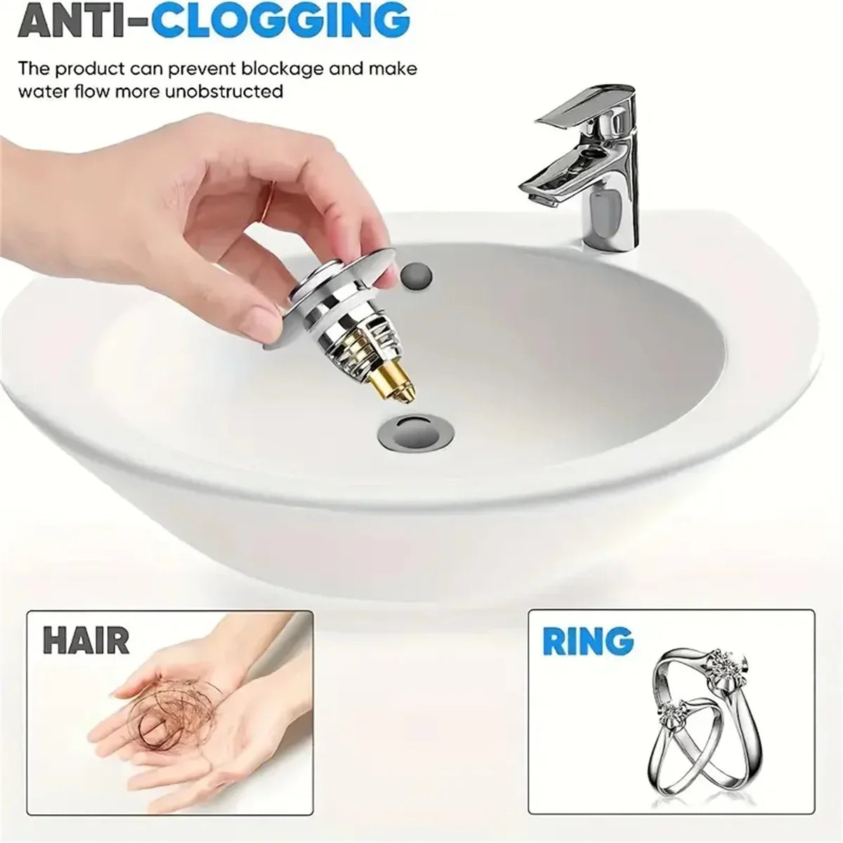Universal Rebound Drain Plug Filter Basin Pop-up Chrome Sink Filter with Hair Catcher Bathroom Sink Drain Stopper Easy Push Type